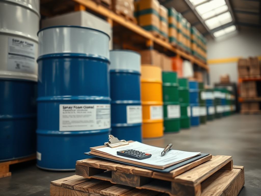Open-cell and closed-cell spray foam chemical drums side by side in a warehouse