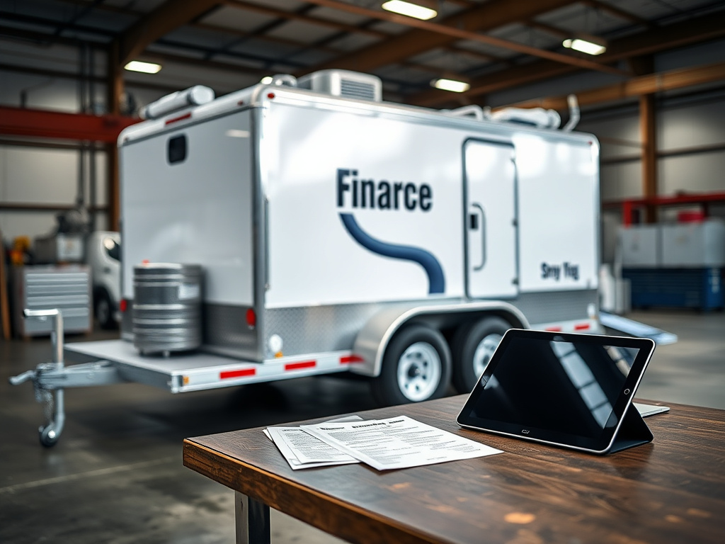 Contractor reviewing spray foam rig financing paperwork next to a trailer rig