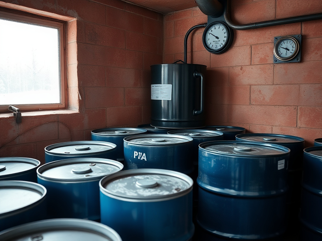 Heated storage room with spray foam chemical drums stacked on pallets in winter