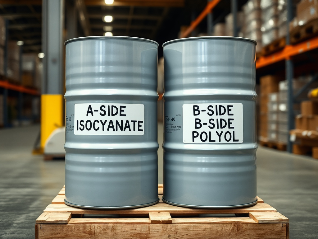 55-gallon A-side and B-side spray foam chemical drums on a pallet