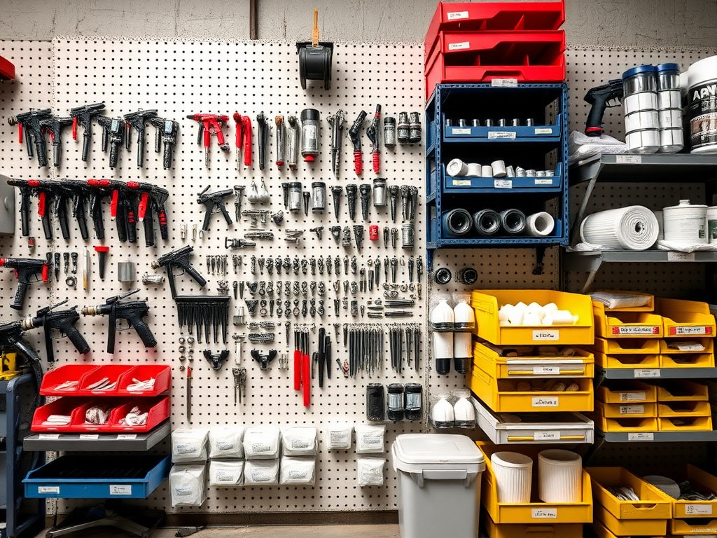 Spray foam equipment replacement parts including mix chambers, O-ring kits, and gun tips laid out on a workbench